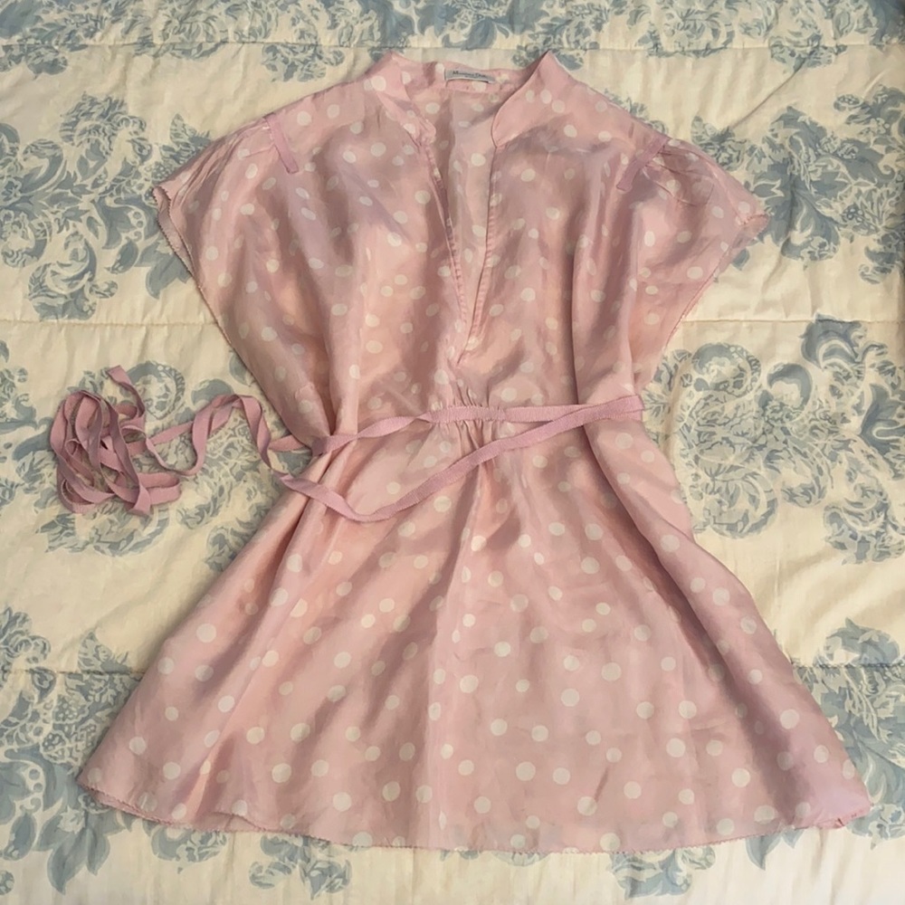 Massimo Dutti pink and white polka dot silk top